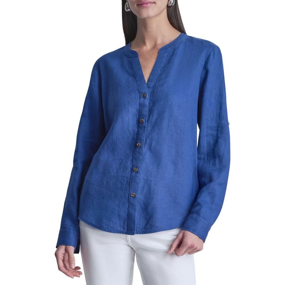 Dkny Womens Roll Tab Linen Shirt, Blue